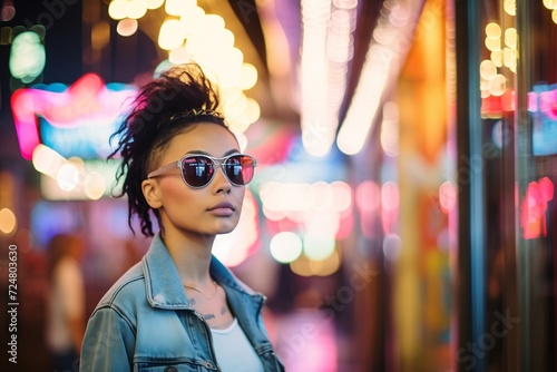 punk girl wearing sunglasses at night with neon signs