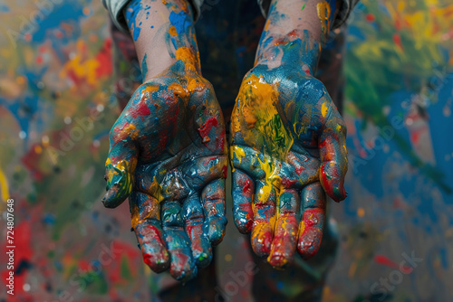 Creative Hands Covered in Multicolored Paint against an Artistic Blurred Background Representing Artistic Expression and Craftsmanship