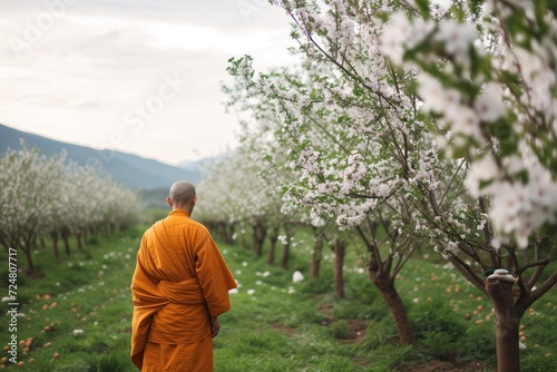 monk in an orchard with fruit trees in blossom