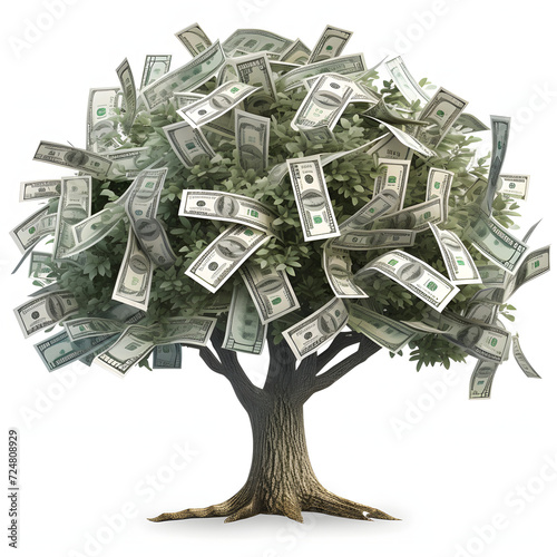A tree with dollar bills for leaves, illustrating investment and growth isolated on white background, vintage, png 
