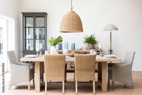 a dining room with a farmhouse table and wicker chairs