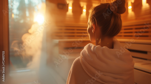 Woman enjoying a sauna session with warmth and steam to relieve tension and stress. Shallow field of view.
