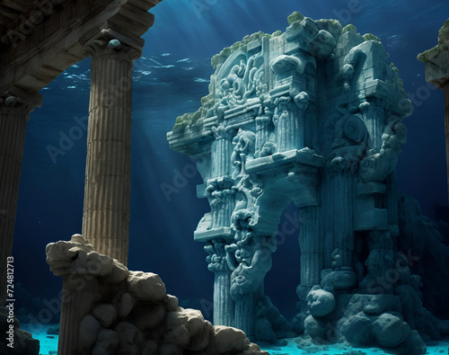 Ruins with columns of lost Atlantida world underwater. Lost ancient civilization. Ai generated