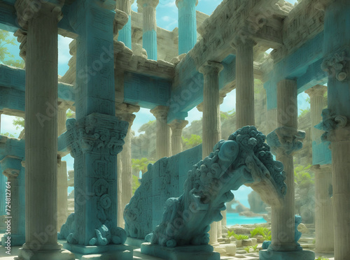 Construction with columns of lost Atlantida world. Lost ancient civilization. Ai generated