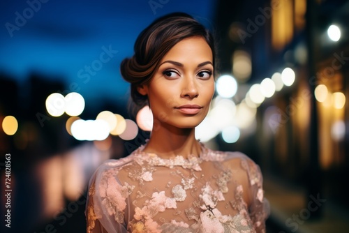 portrait of a woman in a lace gown with a citys night glow on her face