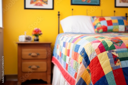 a colorful quilted bedspread on a trundle bed