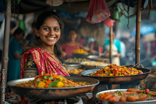 Indian street food seller woman bokeh style background