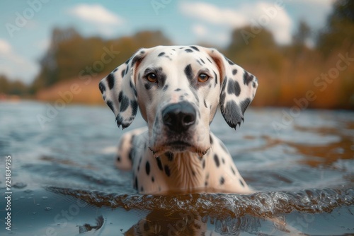 A curious dalmatian puppy discovers the joy of splashing in the refreshing waters, embracing its innate mammalian love for the great outdoors
