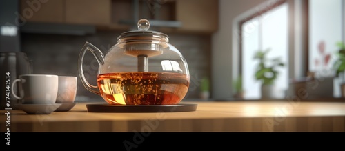 Teapot with herbal tea on table in kitchen, closeup