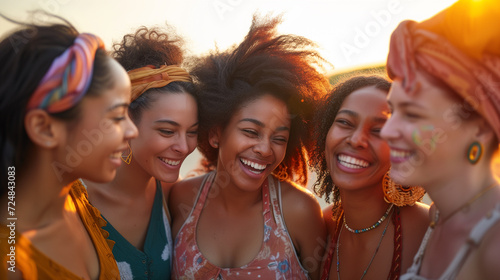 A vibrant group of diverse women laughing and hugging, enjoying a warm sunset, celebrating friendship and happiness. A close-knit circle of diverse women sharing laughter..