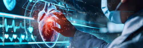 doctor examine patient heart functions and blood vessel on virtual interface. Medical technology and healthcare treatment to diagnose heart disorder and cardiovascular disease