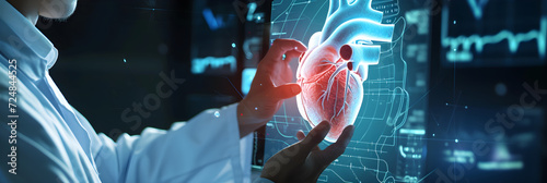 doctor examine patient heart functions and blood vessel on virtual interface. Medical technology and healthcare treatment to diagnose heart disorder and cardiovascular disease