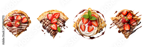 Set of a plate of A scoop of ice cream with chocolate on a Transparent Background - Set of a appetizing photo of delicious triangle crepe, filling Nutella, fresh strawberry inside, top view pot on a T