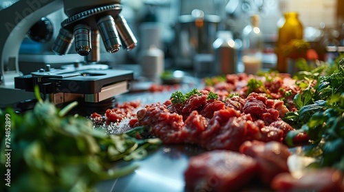 Artificial meat by printing machine. Production of steaks in laboratory conditions. Protein food without harming animals. Concept: Analysis of meat composition. Food growing technology. 
