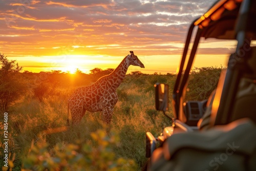 jeep safari in Africa at sunrise with Giraffe