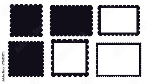 Scalloped edge border silhouette shapes, wavy borders isolated on white background. Scallop stamp, rectangle frame. 