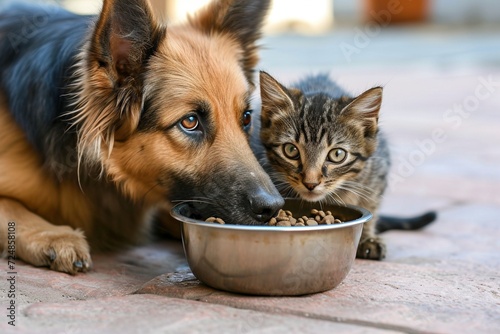 Ein Hund und eine Katze teilen sich einen Futternapf 