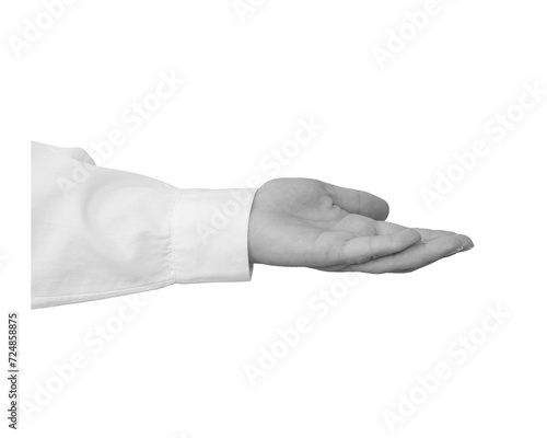 Black and white hand in a white shirt holds something isolated on transparent background - element for collage