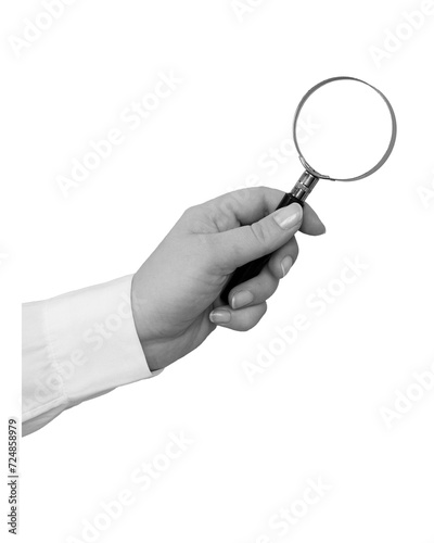 Black and white hand in a white shirt holds a magnifying glass isolated on transparent background - element for collage