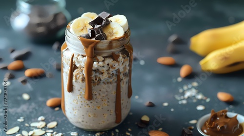 Chocolate banana smoothie with granola and nuts in a glass jar on a grey background