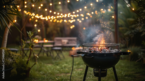 A large smoking charcoal grill ready for a summer feast during a festive outdoor gathering