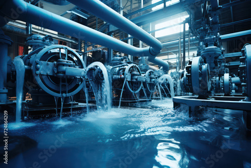 An industrial pump room is flooded with water under blue lighting, of maintenance and safety
