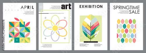 Spring art exhibition banners and posters design template. Creative covers and sale flyers. Abstract leaves, flowers and springtime plants vector illustration.