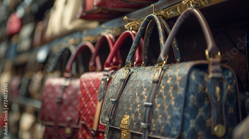 Close up of Luxury handbags in a fashion shop. generative ai
