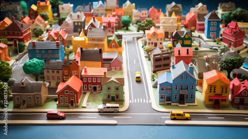 Model of a small town and cars in the style of Mr rogers neighborhood. AI generated. 