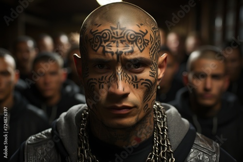 the leader of a Latin American gang with tattoos on his face and body stands at the head of his gang behind them, concept: criminal tattoos, Latin and Mexican gangs