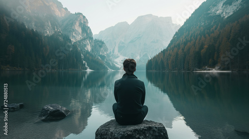 Person von hinten sitzt an einem See und ist einsam und allein in einem Gebirge innere Kraft finden Generative AI