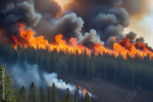 Firefighters battling a forest fire in the rugged mountain terrain