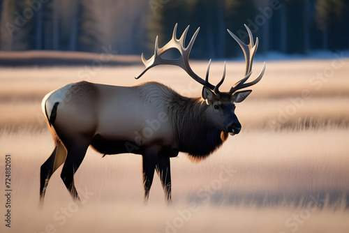 A large male elk stands in a field of grass and wildflowers in the early morning light.