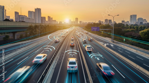 Autonome Fahrzeuge im Straßenverkehr mit Funk und WLAN Symbolen Kommunikation zwischen autonomen Autos im Verkehr Generative AI