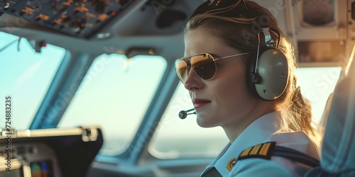 Confident female pilot in cockpit, aviation career representation. professional attire and focused expression. modern airline industry workplace. AI