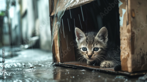  kitten takes shelter in a cardboard box on a rainy day. generated by ai