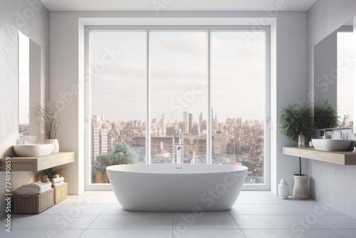 Bright bathroom interior with bathtub, empty white poster, and window with a view of the city. concept of spa treatments and hygiene for health