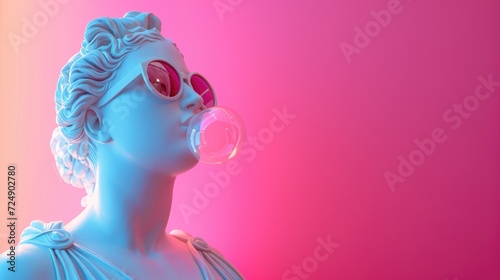 Cool ancient Greek or Roman white statue of woman wearing sunglasses and making chewing bubble on neon background with a free place for text. Contemporary art and fashion
