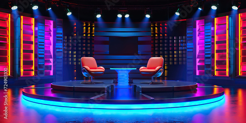Stage Set for Showbiz: An Empty Game Show Talk Show Set with Stage Lights, Chairs, and a Table, Evoking the Atmosphere of Television Production, Studio Ambiance, and Entertainment Setup