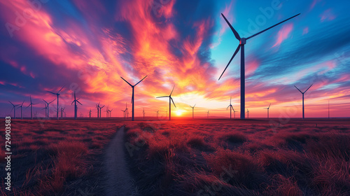 Sustainable energy wind farm with turbines standing tall under a dramatic and colorful sunset sky, symbolizing hope and innovation. Wind Turbines Against Vibrant Sunset Sky 