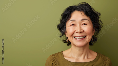 Happy Asian Woman. Portrait of Beautiful Older Mid Aged Mature Smiling Woman Isolated on Olive Green Background. Anti-aging Skin Care Face Beauty Product. Banner with Copy Space.