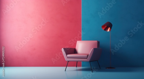 Pièce avec mur éclairé peint en rouge et bleu avec un fauteuil et une lampe, image avec espace pour texte.