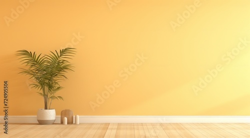 Pièce avec mur éclairé peint en jaune avec des plantes vertes et du parquet, image avec espace pour texte.