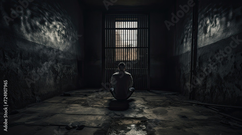 Sad depressed man lonely in a dark prison cell.