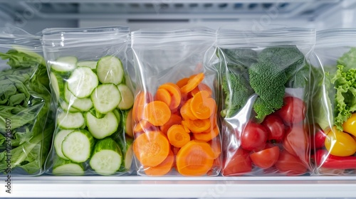 Vacuum bags with different vegetables in the fridge, vacuum bags with vegetables, vegetables vacuumed in the bags, vegetables preserved with vacuumed, vegetables preserved in the fridge, vegetables