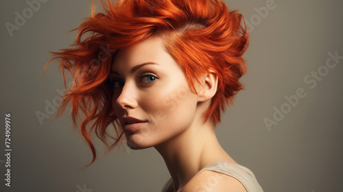 Portrait of cool fashionable modern young girl. A short haircut with shaved temple. Dyed bright red hair. Red lipstick. Studio photo on studio background.