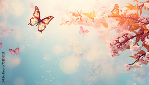 butterfly flies over pink blossom with springtime background, pastel dream, cherry blossom, serene and peaceful ambiance