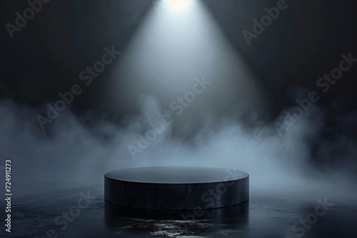 Empty product display podium in 3D, black pedestal, fog, single spotlight