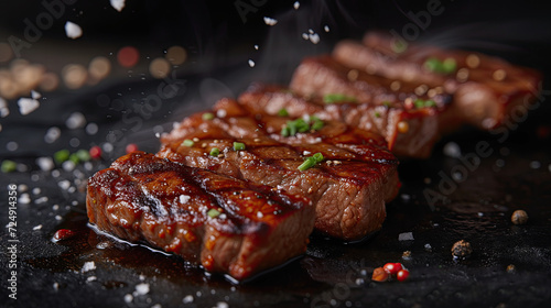 Thick slabs of beef marinated in soy sauce and grilled with salt, Japanese food style, on a black background.