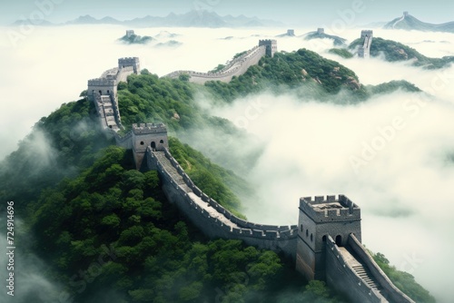 This aerial photo captures the grandeur of the Great Wall of China, The Great Wall of China in the mist, lying long, surrealist view from drone photography, AI Generated